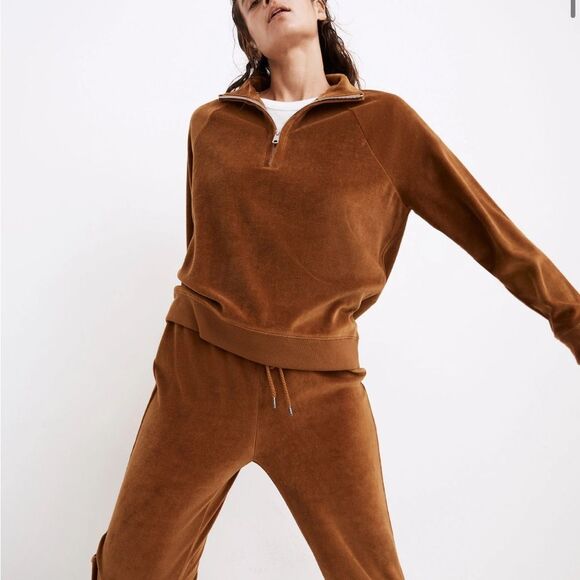 Madewell Tops - Madewell MWL Velour Half Zip Sweatshirt Lounge Retro 70s Dried Cedar Brown XS